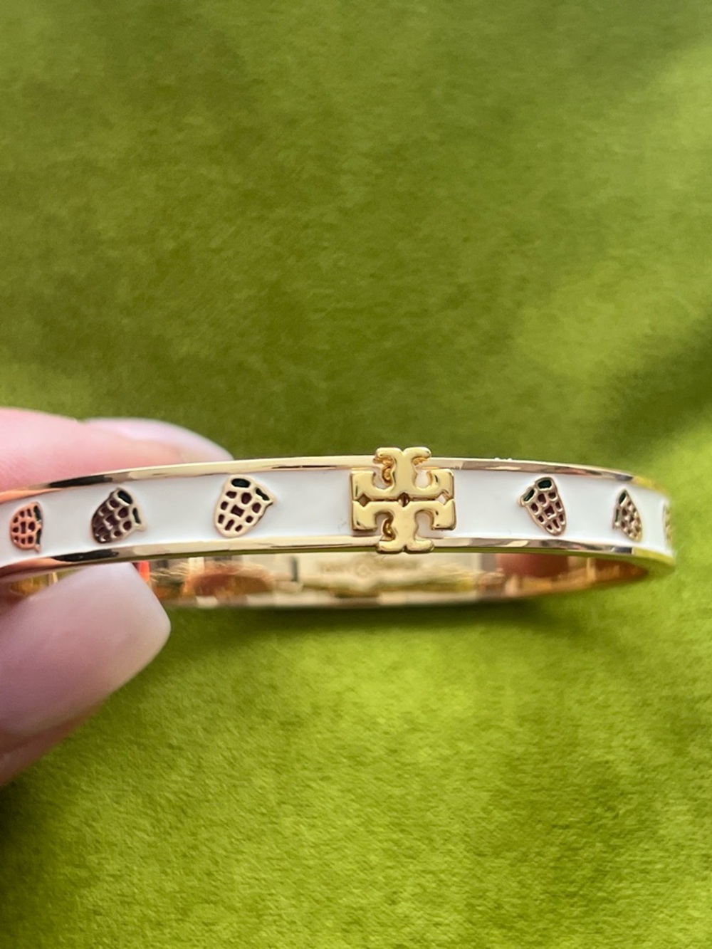 Tory Burch White Enamel & Gold Strawberry Motif Logo Bangle